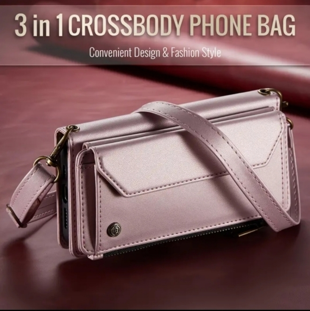 Galaxy Z Fold Wallet Card Holder Phone Case/Crossbody Bag Leather Pink S21 Plus - Picture 2 of 10